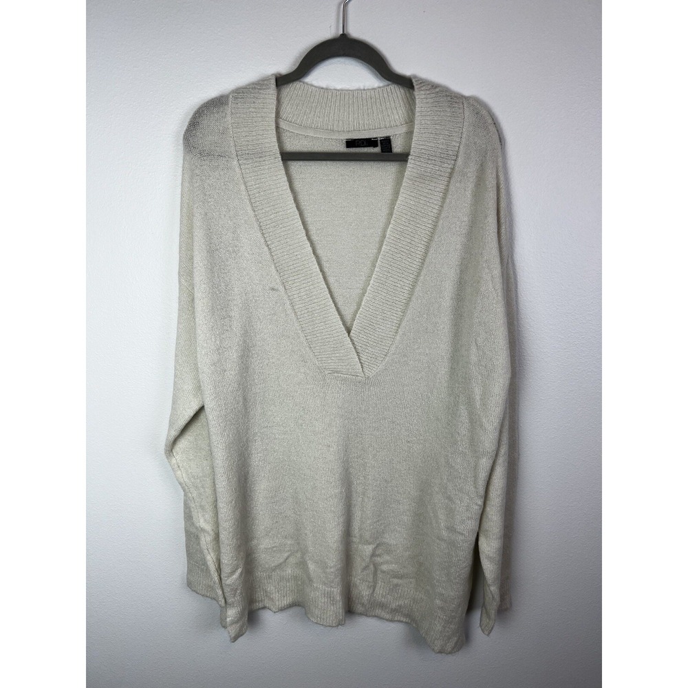 RDI Size Large Deep V-Neck Tunic Sweater Ivory Pearl Knit Pullover Womens